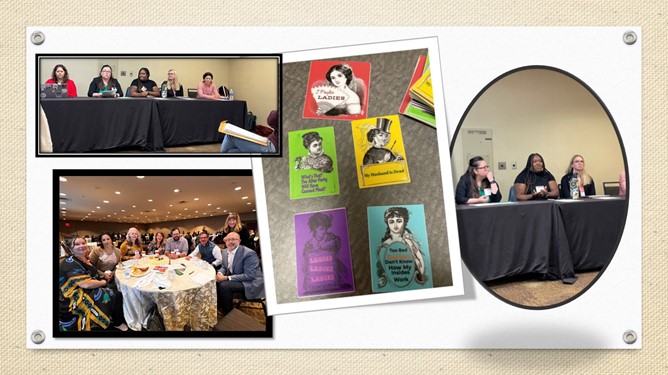 An image with several pictures on it, presented as if they were pinned to a board. There are four images. The first in the top left corner is of one of the CWWH-sponsored panels. Five female-presenting individuals sit at a table covered by a black tablecloth. The second image is at the bottom left, featuring a photograph of CWWH members at a round table. There are seven people sitting with an eighth person standing behind, smiling for the camera, to the right of the photograph. The middle image, which is bordered by a white line and slightly askew, is a photo of stickers that were given out at WHA featuring pictures of Victorian ladies with humorous lines below each image. The final picture is set in an oval frame and is at the far right. It is a close-up of the panelists at the CWWH-branded panel. Three panelists are in the frame, in the middle of a conversation with the audience.